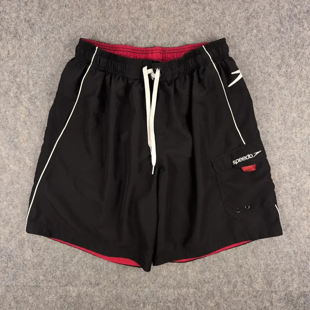 Speedo Swim Trunks Mens Large Black Drawstring Cargo Pocket Mesh Lined Quick Dry
